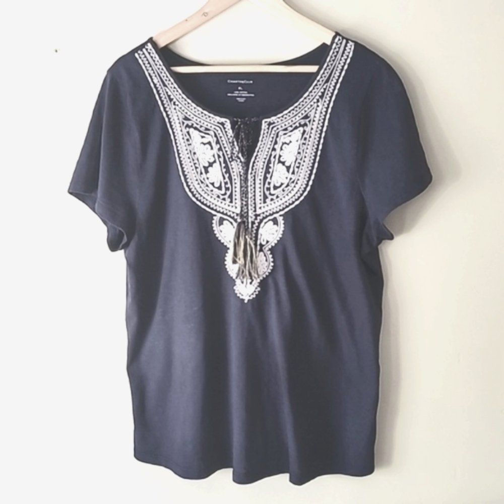 Charter Club 100% Cotton Embroidered FringedBoho Pull Over Top Blue Women SZ XXL
